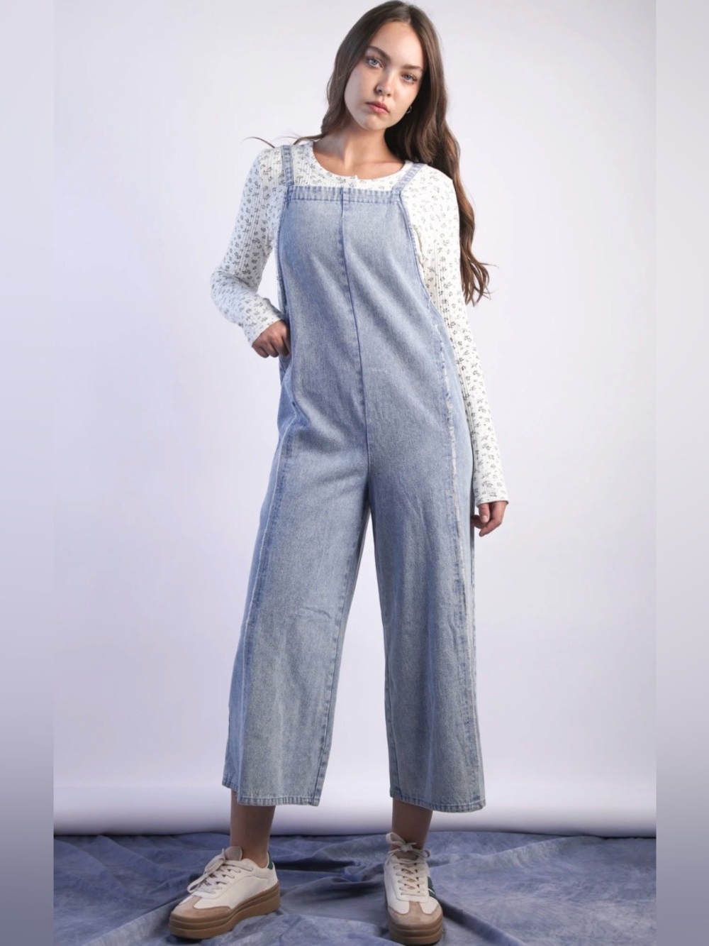 293 Very J Light Blue Denim Wide-Leg Jumpsuit Overalls - Picture 1 of 2